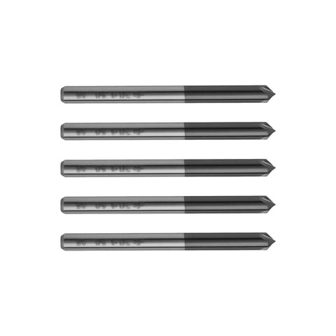 Five Beefy Solid Carbide Chamfer End Mills For Steel With AlTiN Coating One Eighth Inch Shank One Eighth Inch Cutting Diameter.