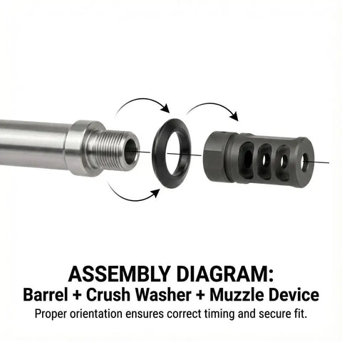 Assembly diagram showing crush washer for 5/8-24 threads for 30 cal muzzle devices positioned between barrel and device.
