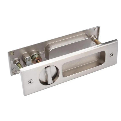 Sliding Door Lock With Invisible Recessed Handle And Latch, Includes Keys, For Pocket Doors And Barn Wood Doors, shown in silver