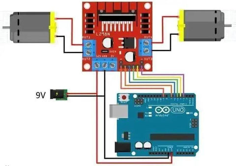 Wiring setup of Two Pack L298N Motor Driver Controller Board Dual H Bridge Module with Arduino to run motors, 5V to 35V supply.