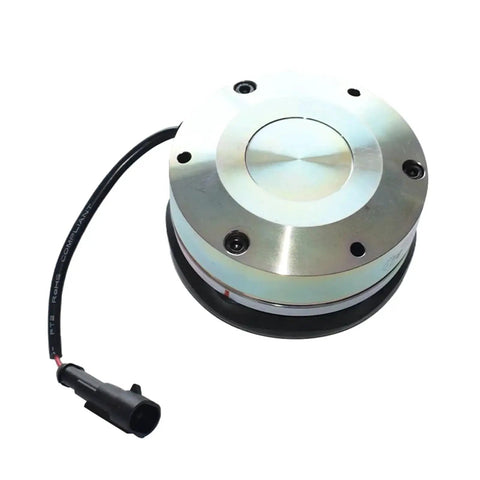 Front view of silver electromagnetic brake with black mounting base and wiring connector
