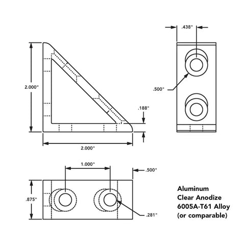 Diagram of Heavy Duty 90 Degree Aluminum Corner Gusset L Bracket For 80 By 20 Extrusion with dimensions and hole placements.