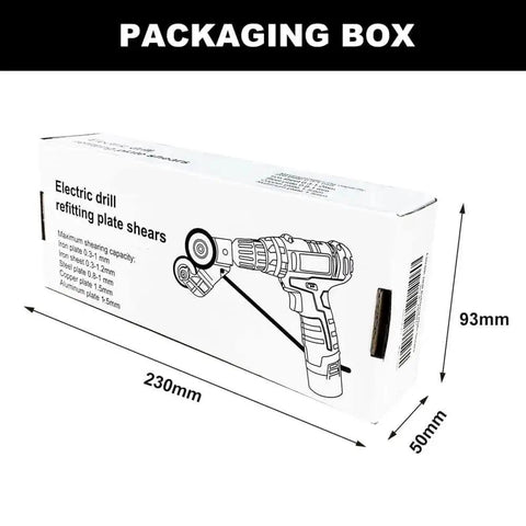 Electric Drill Plate Cutter Attachment packaging box with dimensions 230x93x50mm, shown with illustration of the tool on the front