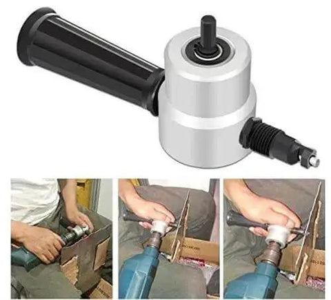 Double Head Sheet Metal Nibbler Saw Cutter For Electric Drill Attachment with Wrench, ergonomic grip and 360 degree adjustable head in use