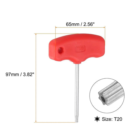 T20 Torx Screwdriver With CRV Steel Ergonomic T Handle, 97mm, ideal for CNC lathe tool holders, red grip shown with measurements.