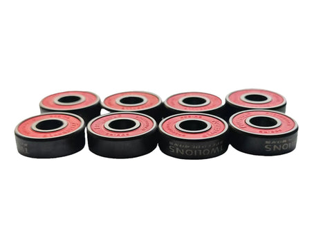 Eight Twolions 608RS hybrid ceramic bearings, black with red seals, for inline skates, skateboards, or scooters.