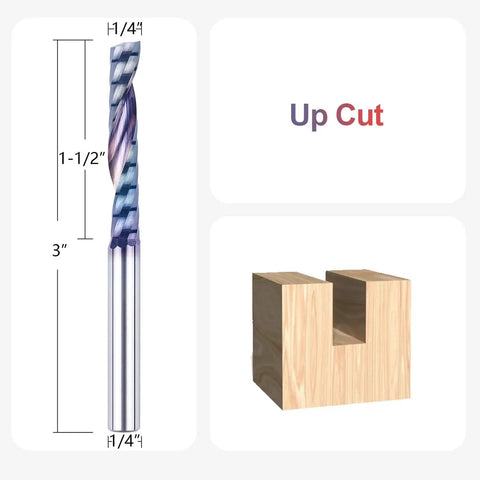 Extreme Life Coated One Quarter Inch Shank End Mill For Aluminum And Plastic, 3 Inch Length, with example of upcut use