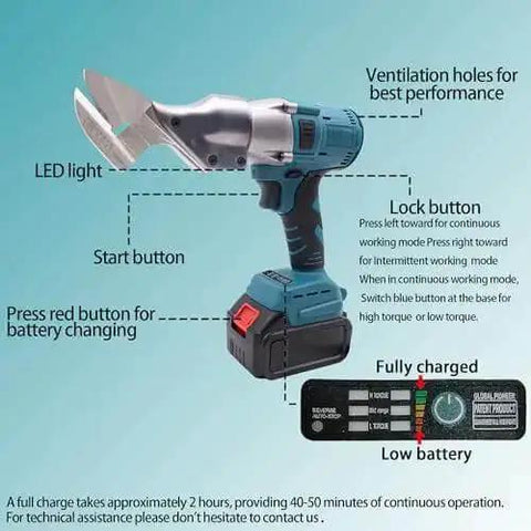 Cordless Electric Sheet Metal Shears With 360 Degree Swivel Head showing buttons and battery indicator for steel, aluminum, tin cutting.