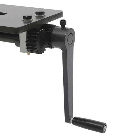 Close-up of the crank handle and gear system of the Manual Bead Roller Kit 12 Inch With 6 Dies Set for metal sheets.