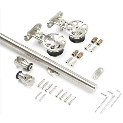 Stainless Steel Sliding Barn Door Hardware Kit for 10 Foot Double Track Set Satin Finish Built Tough for Up To 200 Lb Doors Fits 1.38 To 1.57 Inch Thick Doors Includes Two 1525 mm Tracks Four Sliding Rollers Six Wall Spacers shown laid out.