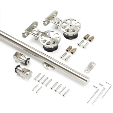 Components of Fortune Stainless Steel Sliding Barn Door Hardware Kit 10 Ft Track Set, 2 X 1525 Mm Rails, Satin Finish.