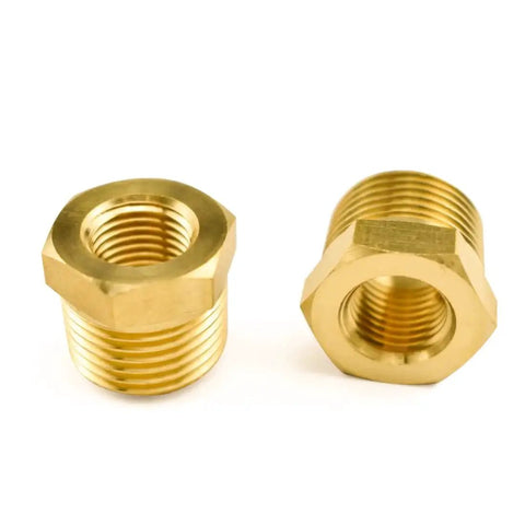 Two Pack Brass Bushing Reducer Adapter One Half Inch NPT Male To One Quarter Inch NPT Female Pipe Fittings For Plumbing Use In Wet Environments