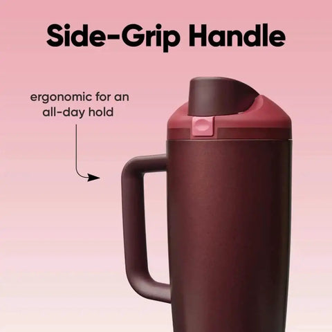 FreeSip Insulated Stainless Steel Tumbler With Built In Straw 40oz Side Handle Leak Proof BPA Free Travel Bottle in Black Cherry