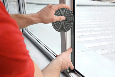 Bruiefpap weather stripping roll for doors and windows, grey self-adhesive foam seal being installed on a window frame.