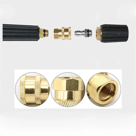 2 Pack Quick Connect Pressure Washer Adapters Set 1/4 Inch NPT Female to 1/4 Inch Plug Fittings for Gun to Hose Perfect for Patio Lawn Car Cleaning Car Wash Foam Bottle Sprayer Nozzle Easy Connect and Disconnect, showing brass connectors and rubber ends with close-up inserts.