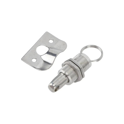 Front view: 58.5mm stainless steel latch lock fastener with mounting plate; two-piece, mirror-polished marine-grade finish