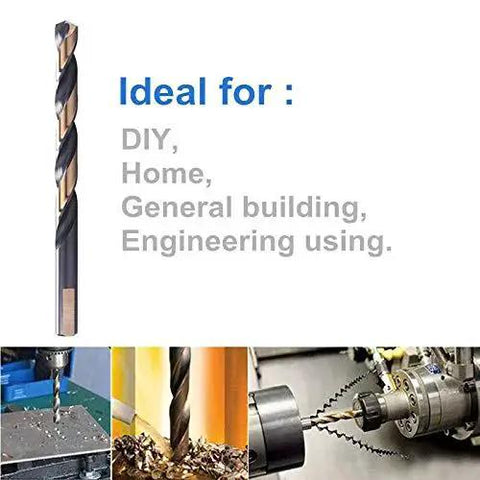 Six Piece Half Inch Black And Gold Twist Drill Bits Set Built To Last From M2 High Speed Steel With A Rugged Black And Gold Finish for metal drilling