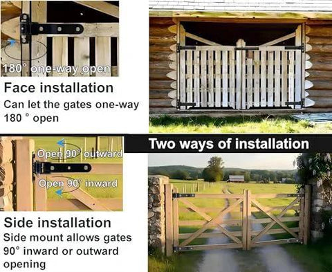 Heavy Duty T-Strap Gate Hinges 2 Pack, 900 Lb Load Capacity, 13 Inch Length, illustrating installation methods on wooden gates.