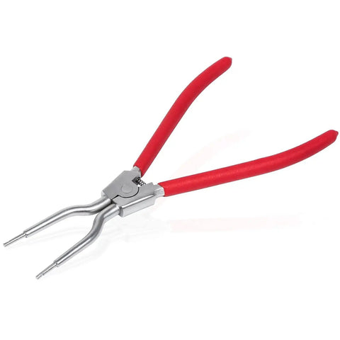 Front view of pliers-style washer door boot clamp ring removal tool with red handles and metal jaws.