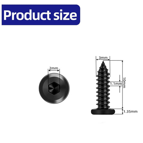 100 Piece M3 10mm Black Self Tapping Screws In 304 Stainless Steel Flat Head Hex Socket Cap Screws With Drive Bit dimensions shown