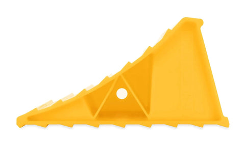 Side view of yellow Wheel Chock Without Rope For Trailers And RVs UV Protected Plastic 26 Inch