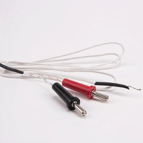 Two K-type thermocouple temperature probes with red and black handles, braided cables and mini connectors for multimeters