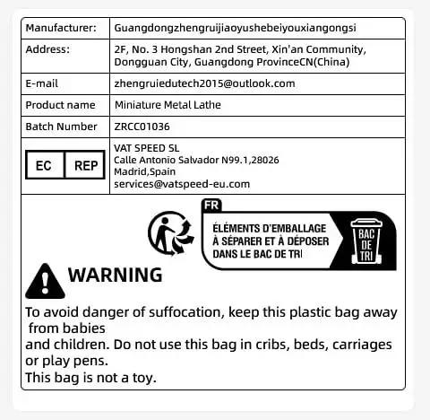 Product label for All Metal Mini Lathe For Hobbyists With 20000 RPM And 36W Power, including manufacturer and safety warning.