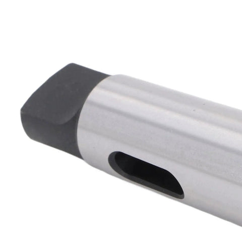 Morse taper adapter sleeve MT1–MT3, steel with silver body and black end, close-up view