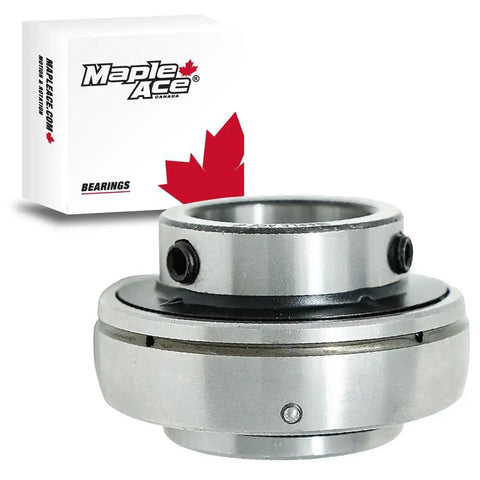 Heavy-Duty Insert Bearing With 1 Inch Bore And Spherical OD For High Speed, Low Noise, Less Vibration, And Long-Life Performance, Includes Set Screws And Lubrication Hole, OEM Compatible And MAPLE ACE UC205-16, box visible in background.