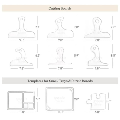 Diagram showing Charcuterie Board Router Template Kit Pro-Grade 9-Piece 6mm Thick Acrylic Template Set for Woodworking.