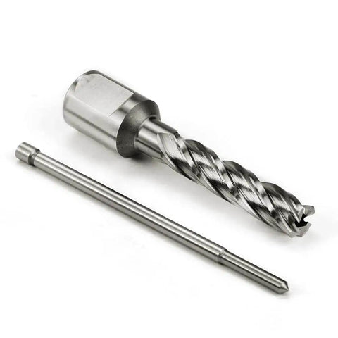 Fast Seven Sixteen Inch HSS Annular Cutter With Two Inch Cutting Depth And Three Quarter Inch Weldon Shank Two Flats Pilot Pin For Magnetic Drill Press Delivers Faster Holes In Steel And Stainless Steel Oscarbide, showing cutter and pilot pin.