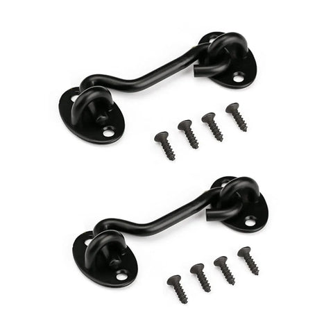 3 Inch Privacy Hook And Eye Latch For Barn Door Black 2 Pack Durable Solid Iron Lock With Powder Coated Finish and screws displayed