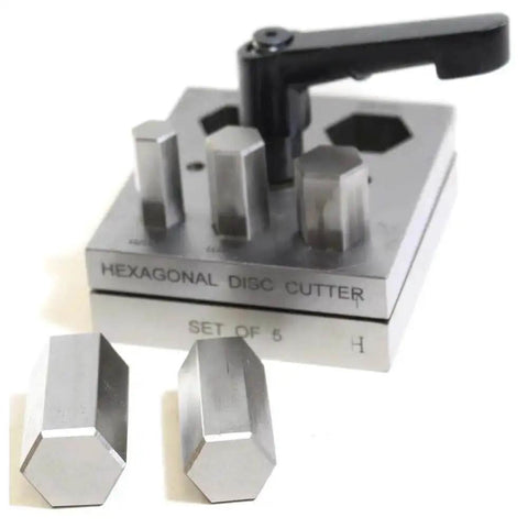 Hexagonal sheet metal cutter set with ergonomic handle, five precisely sized cutters in 10.5mm to 21mm for smooth metal shaping.