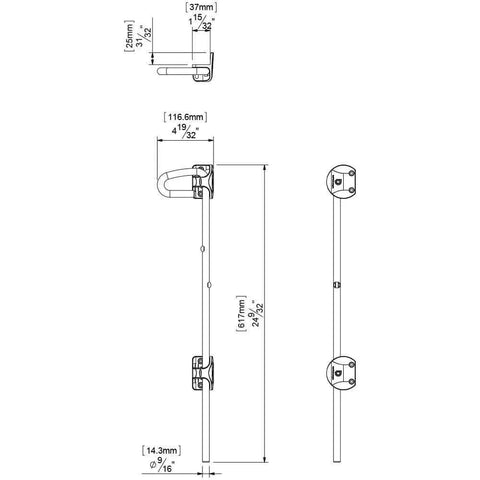 Technical drawing of Padlockable Drop Bolt With Padlock Storage For Square Post Metal Gates 24 Inch Length, dimensions labeled.