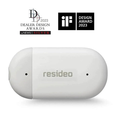 Smart WiFi Water Leak Sensor with Freeze Detector and Humidity Monitoring, award-winning compact design front view.