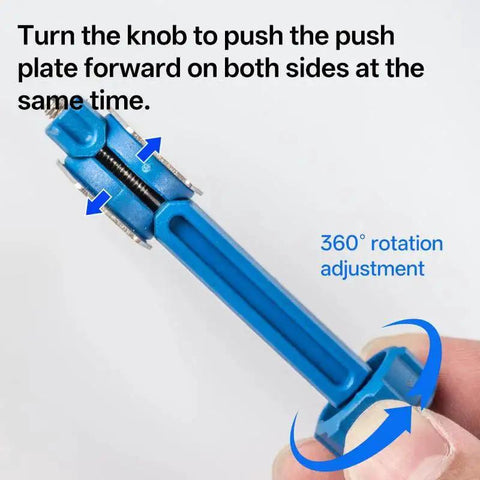 Bicycle brake caliper piston reset tool, blue, close-up view with 360° rotation adjustment
