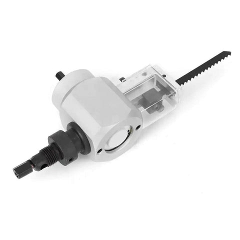 Dual Head Sheet Metal Cutter Nibbler Drill Attachment Kit With Wrench, close-up view of electric drill shears for metal and woodworking