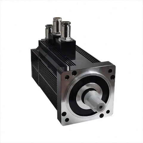 Front view of a servo motor with encoder for high resolution and precise control, black and silver, used in CNC and robotics projects.