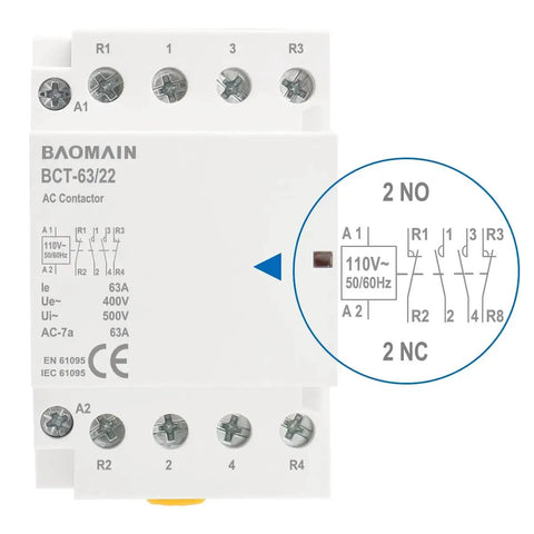 110V AC 4 Pole Modular Contactor Built For 63A Rating And 2NO 2NC Normally Open And Normally Closed Contacts For Forward And Reverse Motor Control Din Rail Mount For HVAC Motor Pump And Lighting Control front view
