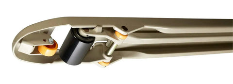 Close-up of Hand Pallet Jack 5000 lb Capacity With Roller Entry And Exit Ramp Tapered Fork Tips and roller mechanism
