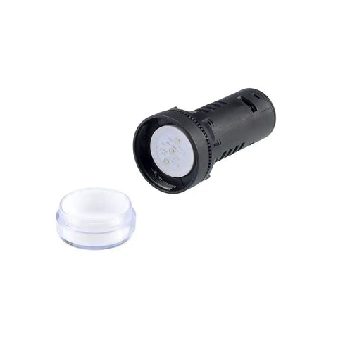 Red Green Dual Color Indicator Light 24 Volt Dual Power, 22mm Panel Mount, High Brightness LED shown with black housing and panel lock nut.