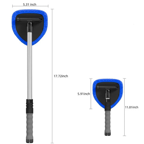 Extendable Windshield Cleaning Tool With 4 Microfiber Pads And Spray Bottle showing measurements and aluminum handle