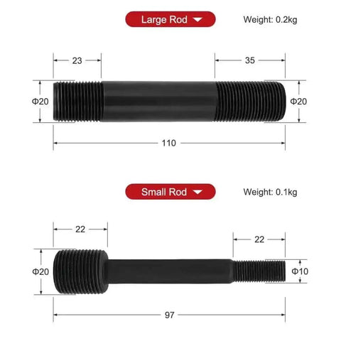 Dimensions of rods from Pro-Grade 10 Ton Hydraulic Hole Punch Cutter Kit For Electric Conduit And Sheet Metal, with weights indicated.