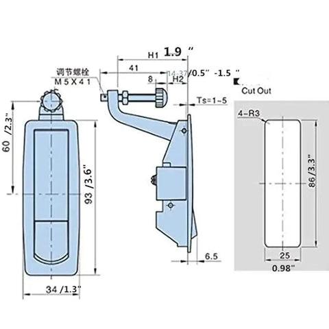 Diagram of 2 Pack Adjustable Lever Compression Flush Latch Locks For Electrical Enclosures with measurements and cutout details.
