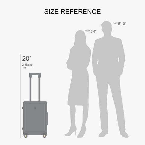 Ultra Lightweight 20 Inch Hard Shell Carry On Luggage With Wheels And TSA Lock Textured Polycarbonate size reference chart next to people outlines.