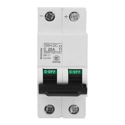 Front view of 2P Low Voltage DC Miniature Circuit Breaker For Solar Panel Grid Systems 25A, showing two-pole design