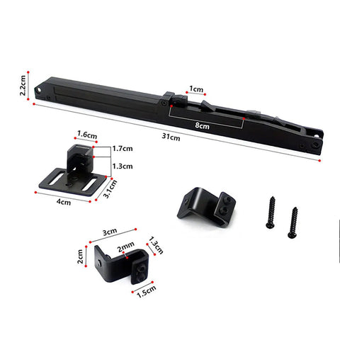 Two Pack Barn Door Soft Close Damper Kit Hole Free Mounting No Drill Quiet Closing Adjustable One Way Damping Buffer Hidden Behind Rail For Quiet Soft Closing SHOUCAN components shown with measurements.