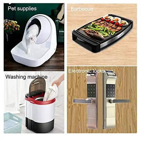 Collage of pet supplies, barbecue grill with food, portable washing machine, and electronic locks.