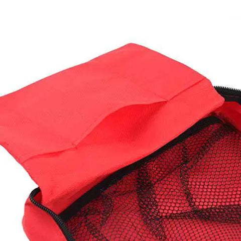 Open view of compact red first aid bag for emergency medical supplies with an organized interior and mesh pockets, measuring 25x18x8 cm.