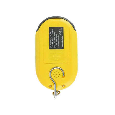 Back view of Beefy Hanging Scale With 11 Pound Capacity, LCD Digital Weigh Scale in Bright Yellow, Portable With Retractable Handle and Hook